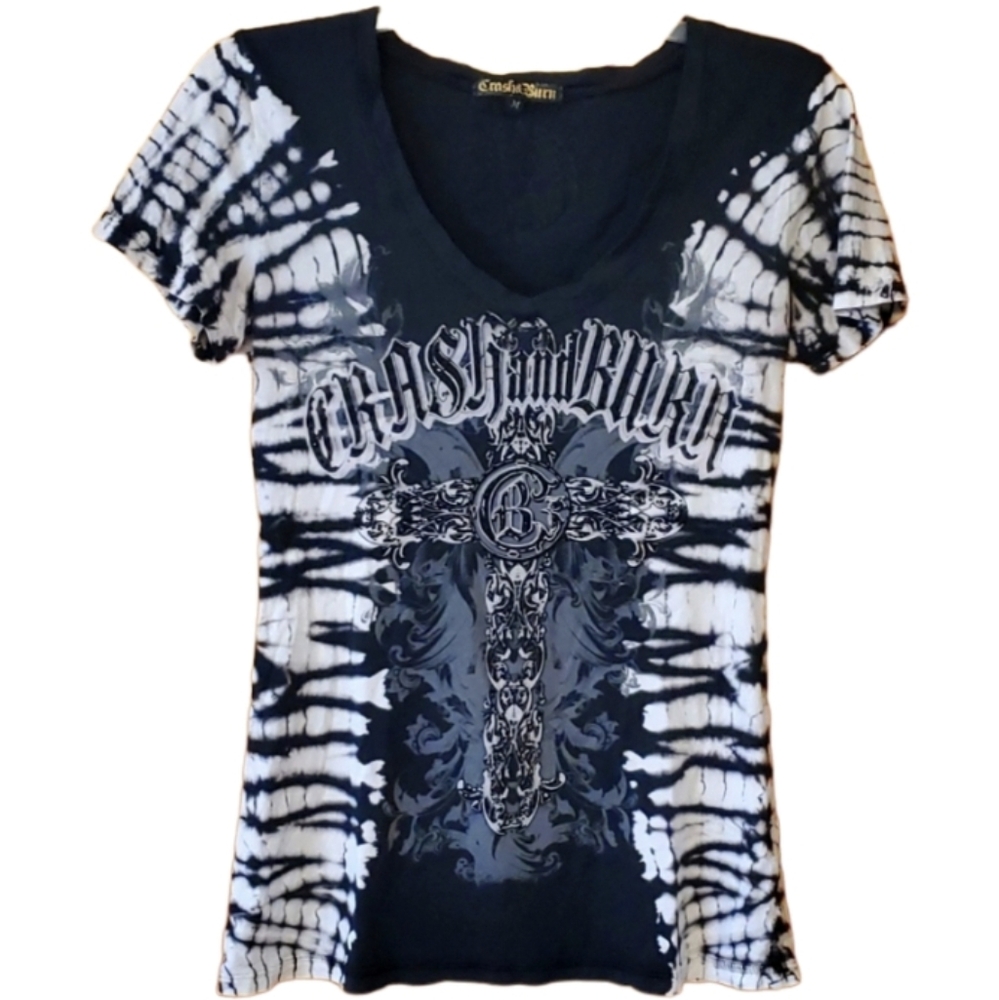Crash & Burn Womans Studded Cross Tie Dye Black‎ & White Short Sleeve Tee Medium